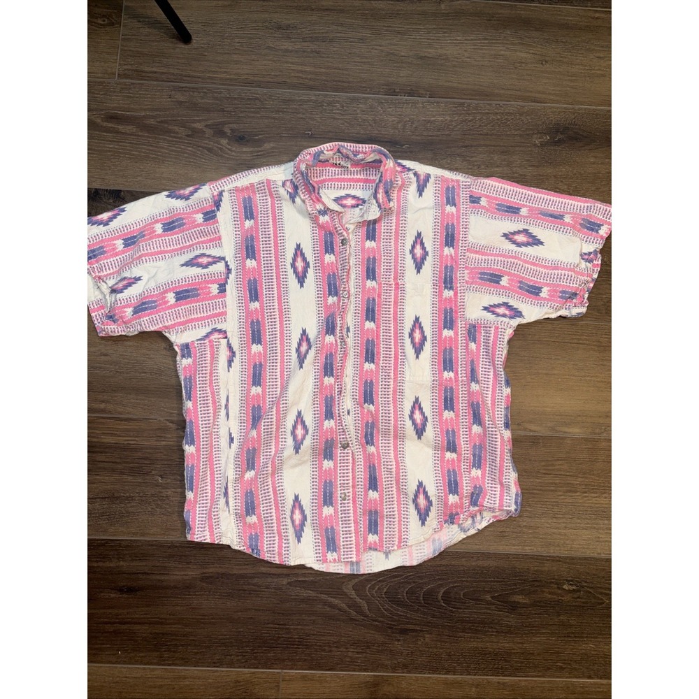 90s Sudden Impact Button Up Shirt Women's Medium Pink‎ Aztec Print Festival Top